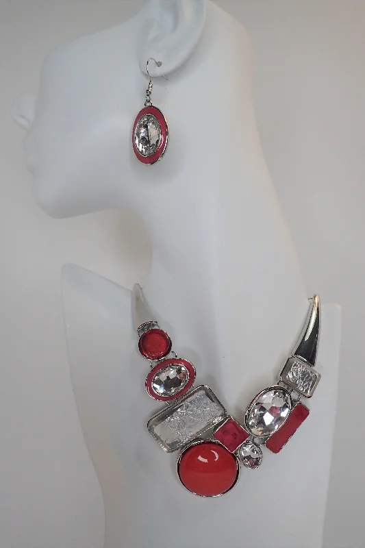 Emma Red And Silver Crystal Necklace Set With Matching Earrings