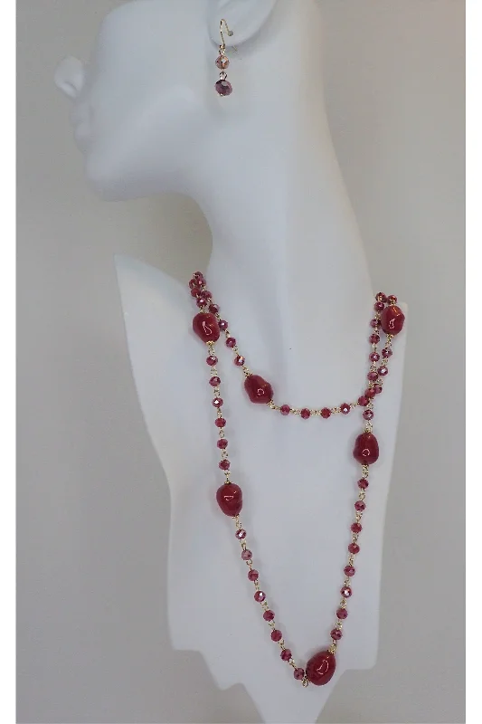 Emma Red Beaded Long Necklace Set