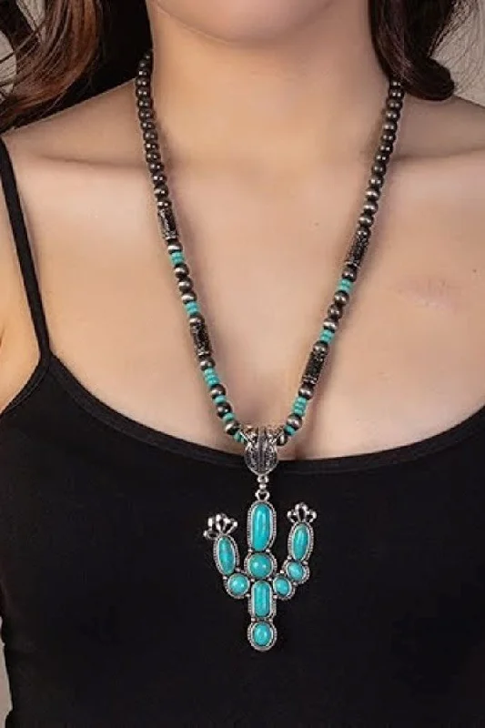 Emma Silver And Turquoise Cactus Long Necklace Set