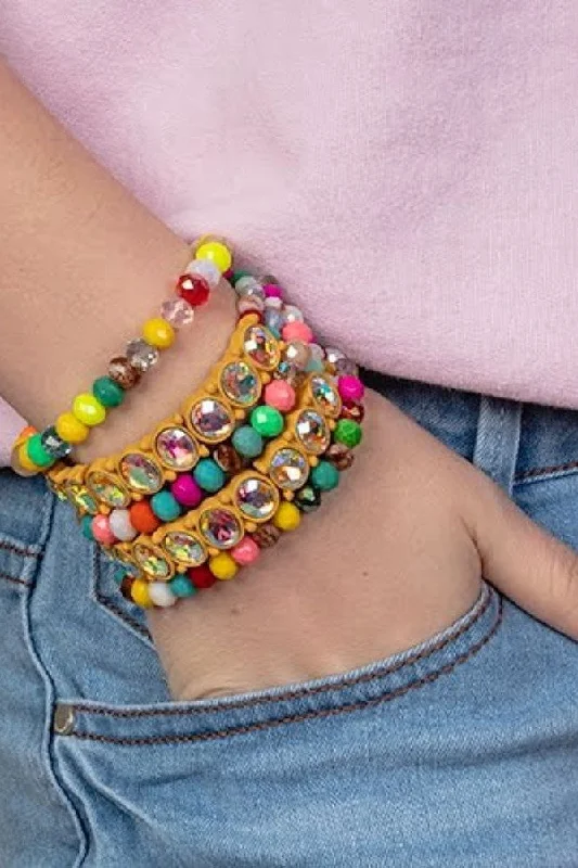 Emma Yellow Rhinestone And Colored Bead Stretch Bracelet Set