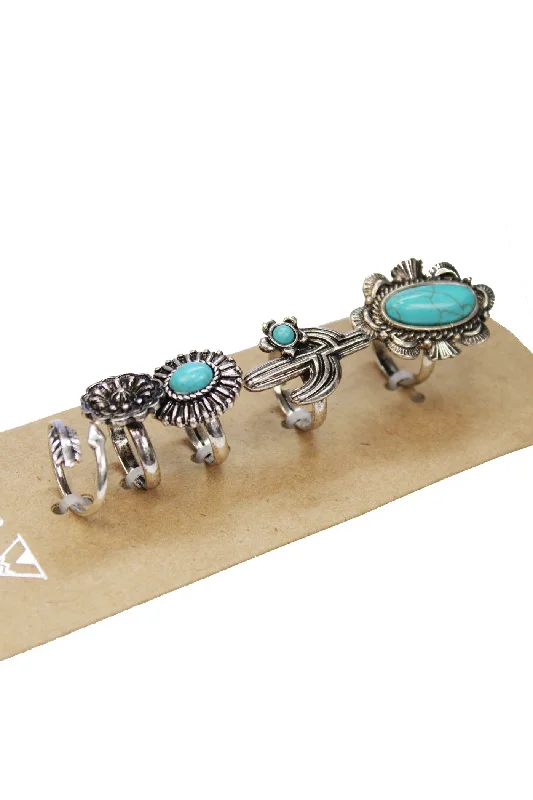 Five Piece Set Metal Western Ring With Turquoise Stones