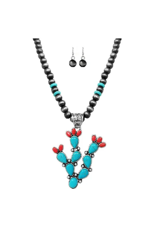 Metal Cactus Pendant With Turquoise Stone And Semi Genuine Stone Navajo Bead Necklace And Earring Set