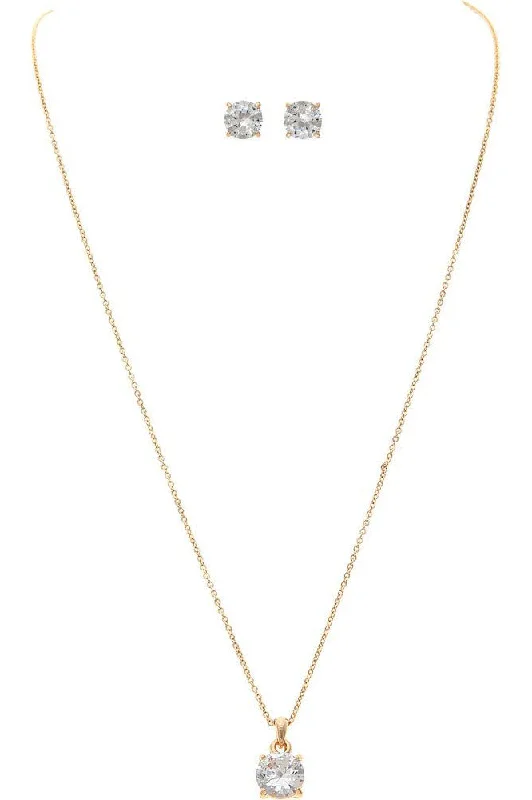 Rain Jewelry Gold Cubic Zirconia 8 MM Crystal Solitaire Necklace Set