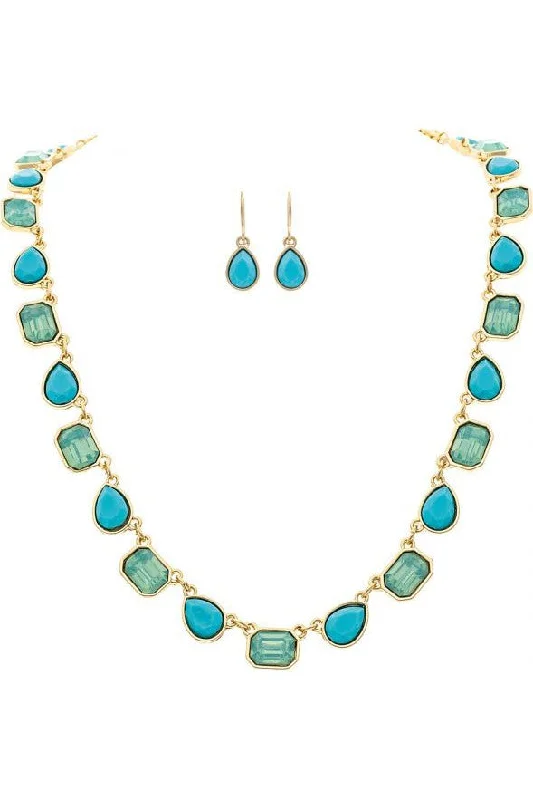 Rain Jewelry Gold Necklace With Turquoise Teardrops And Blue Glow Octagon Gem Necklace Set