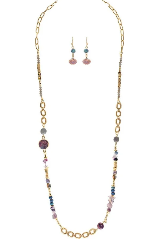 Rain Jewelry Gold Purple Square Bead Glass Long Necklace Set