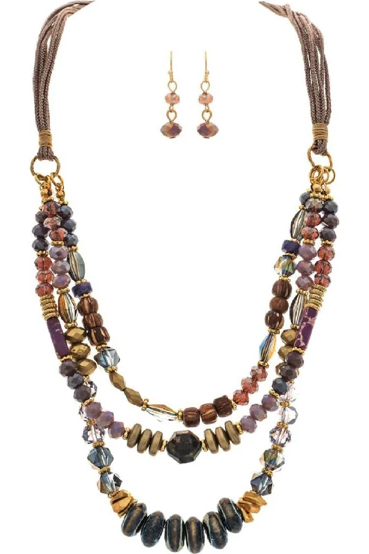 Rain Jewelry Gold Purple Three Row Glass Bead Necklace Set