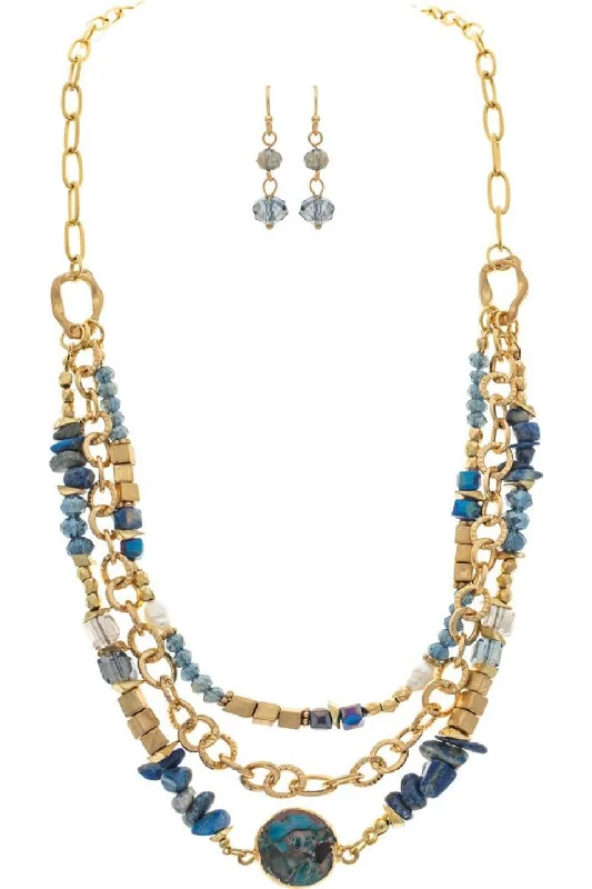 Rain Jewelry Gold Square Blue Bead Glass Layer Necklace Set