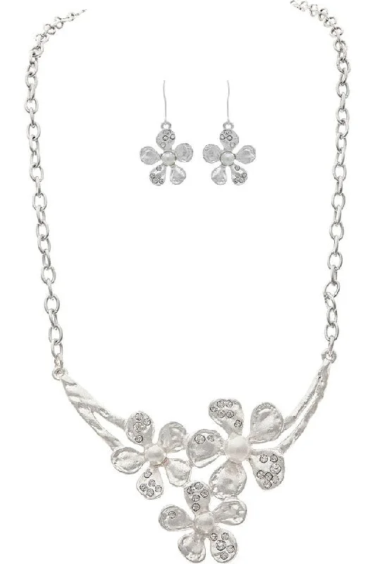 Rain Jewelry Silver Crystal Pearl Flowers Necklace Set