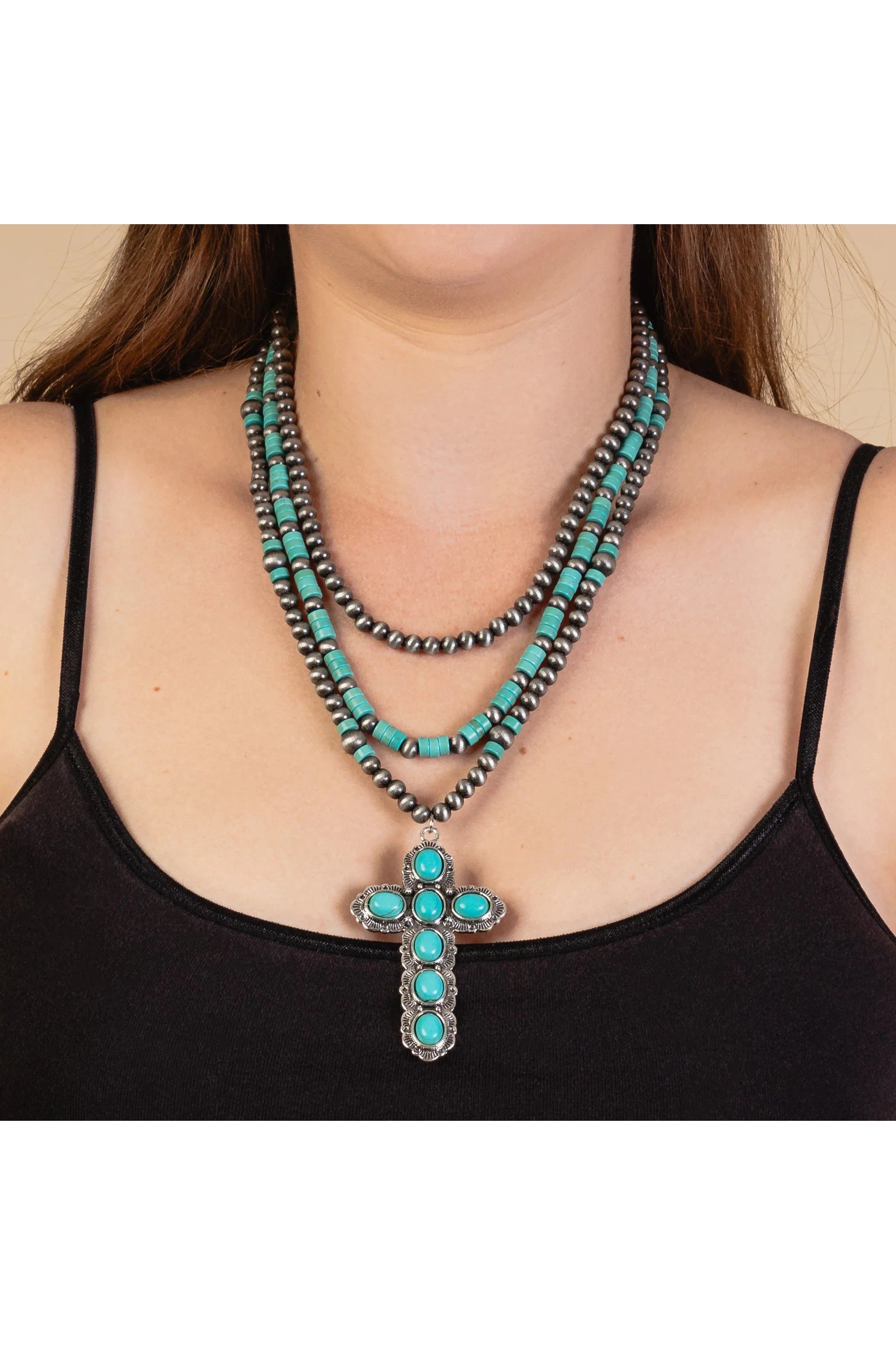 Squash Blossom Turquoise Layered Cross Necklace Set