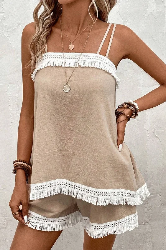 Crochet Khaki Fringe Shorts Set